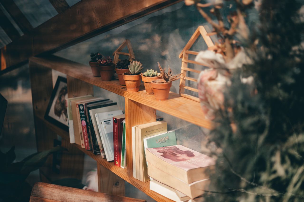 about-img Warm sunlight on a wooden bookshelf filled with books and potted succulents in Dalat, Vietnam.
